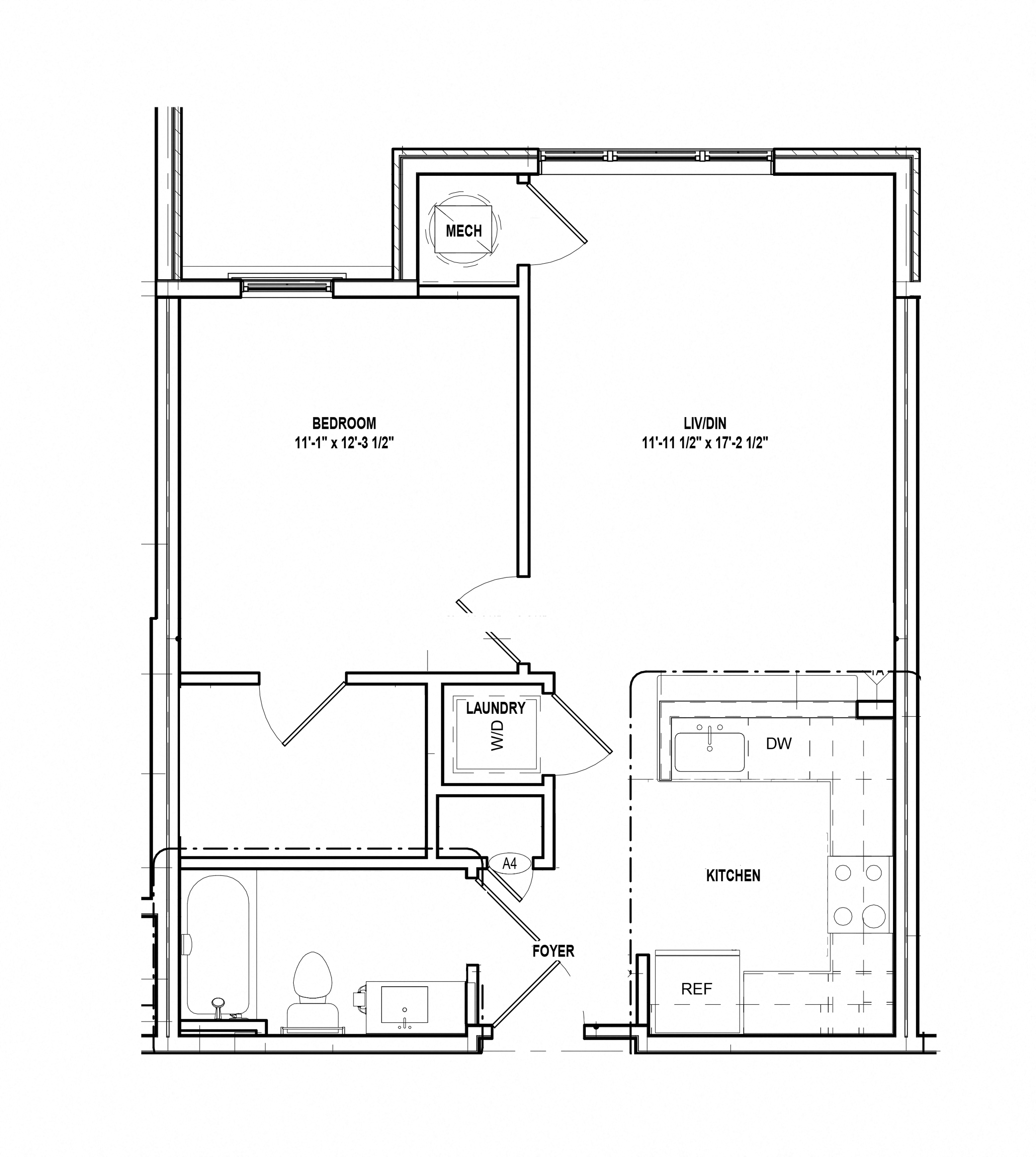 Floor plan for 1 bed, 1 bath, 748 sqft